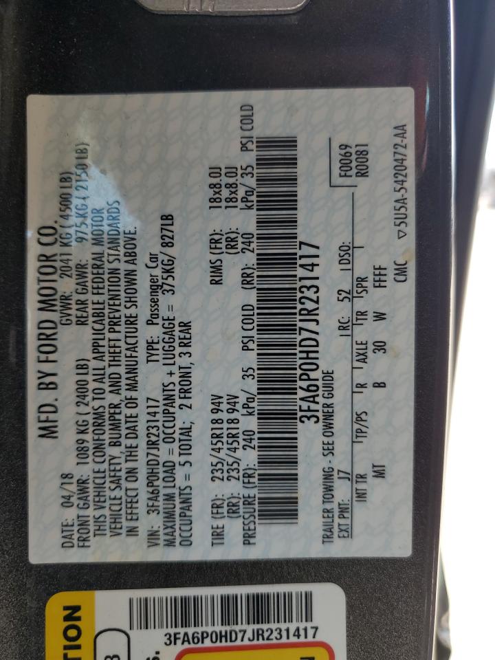 2018 Ford Fusion Se VIN: 3FA6P0HD7JR231417 Lot: 63991374