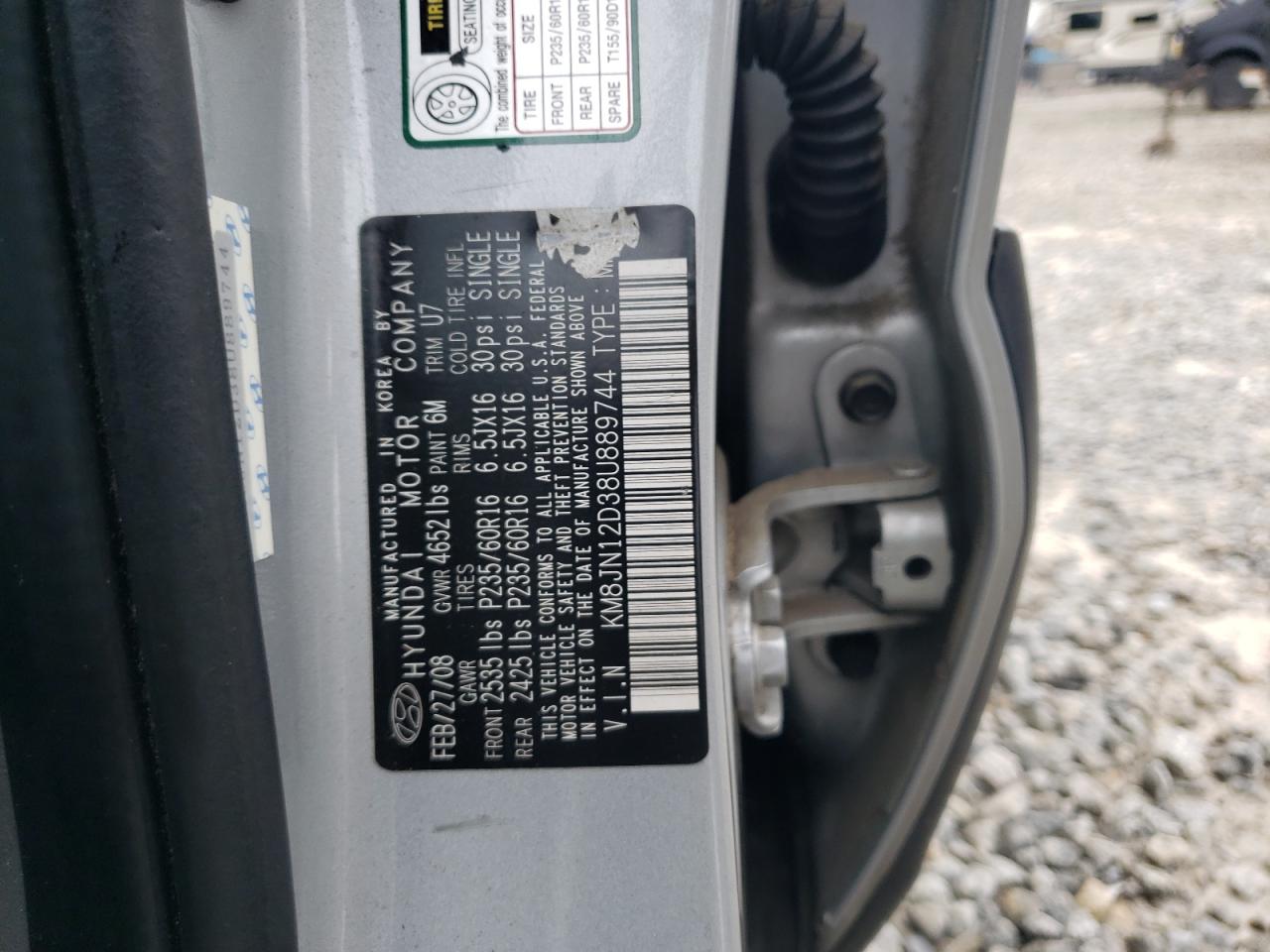 2008 Hyundai Tucson Se VIN: KM8JN12D38U889744 Lot: 62293644