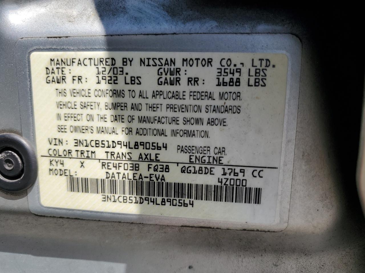 2004 Nissan Sentra 1.8 VIN: 3N1CB51D94L890564 Lot: 63538544