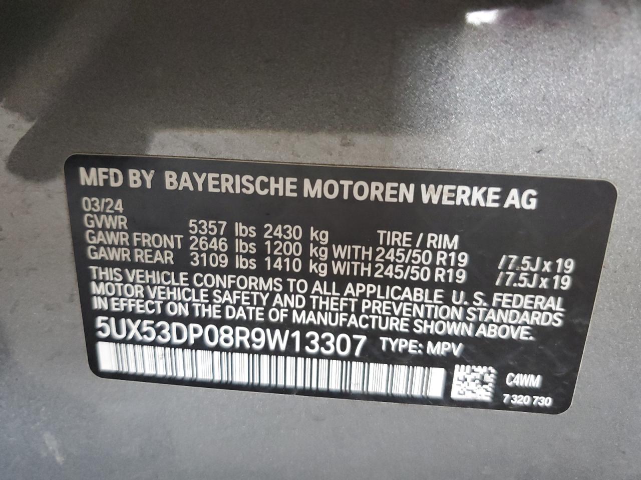 2024 BMW X3 xDrive30I VIN: 5UX53DP08R9W13307 Lot: 63857324