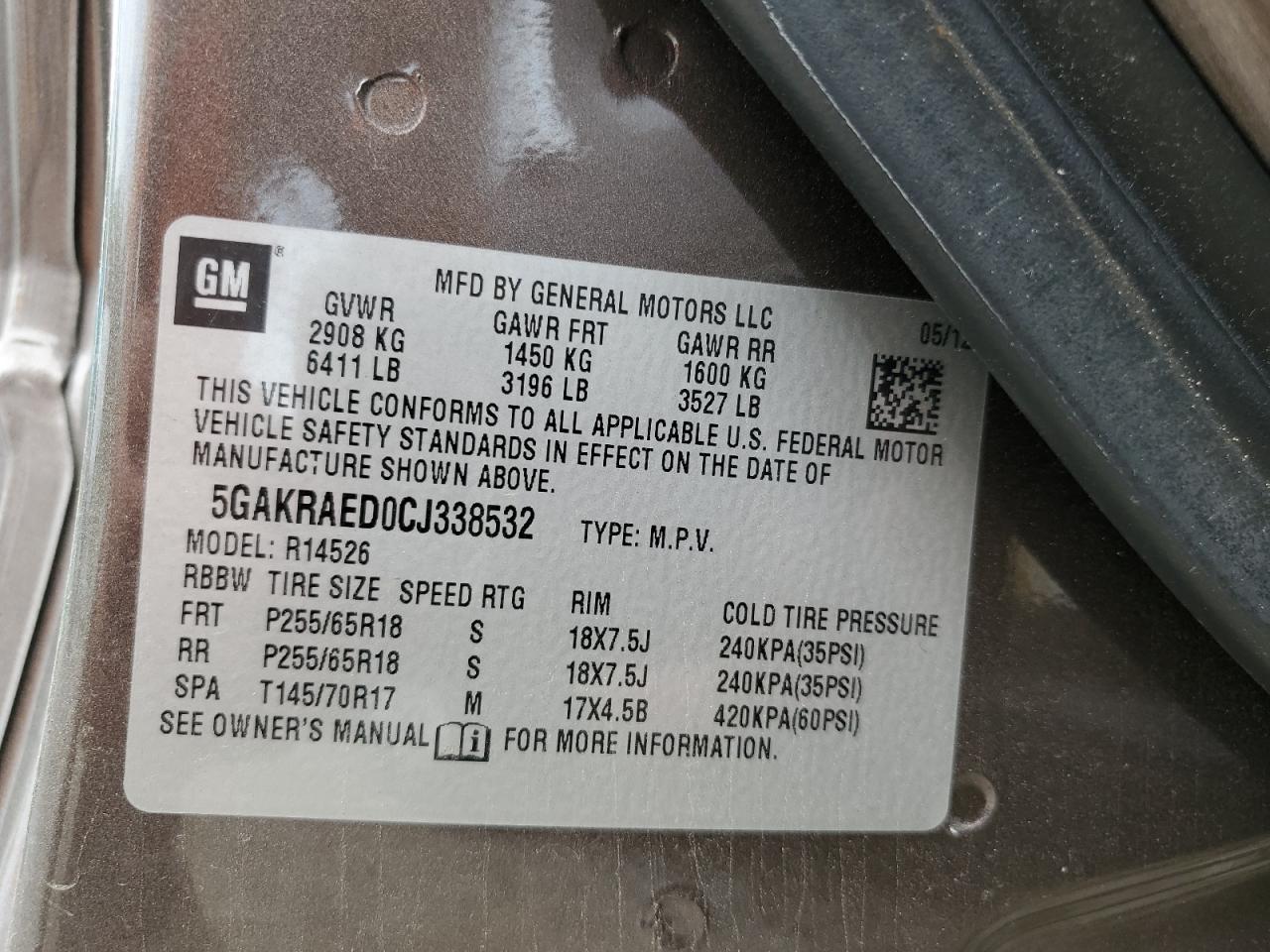 2012 Buick Enclave VIN: 5GAKRAED0CJ338532 Lot: 63090644