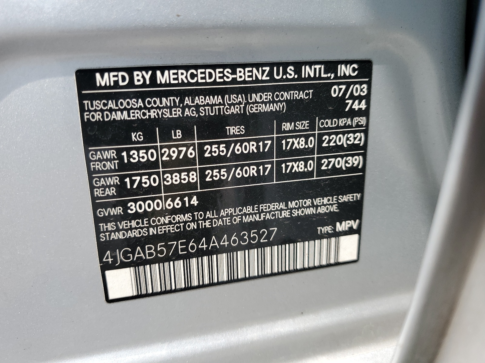 4JGAB57E64A463527 2004 Mercedes-Benz Ml 350