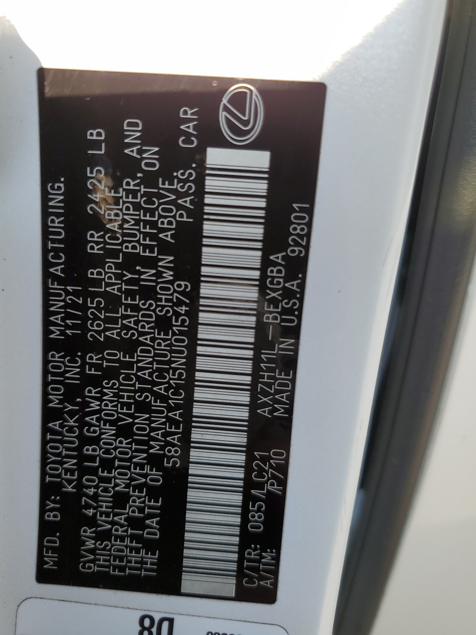 58AEA1C15NU015479 2022 Lexus Es 300H Base