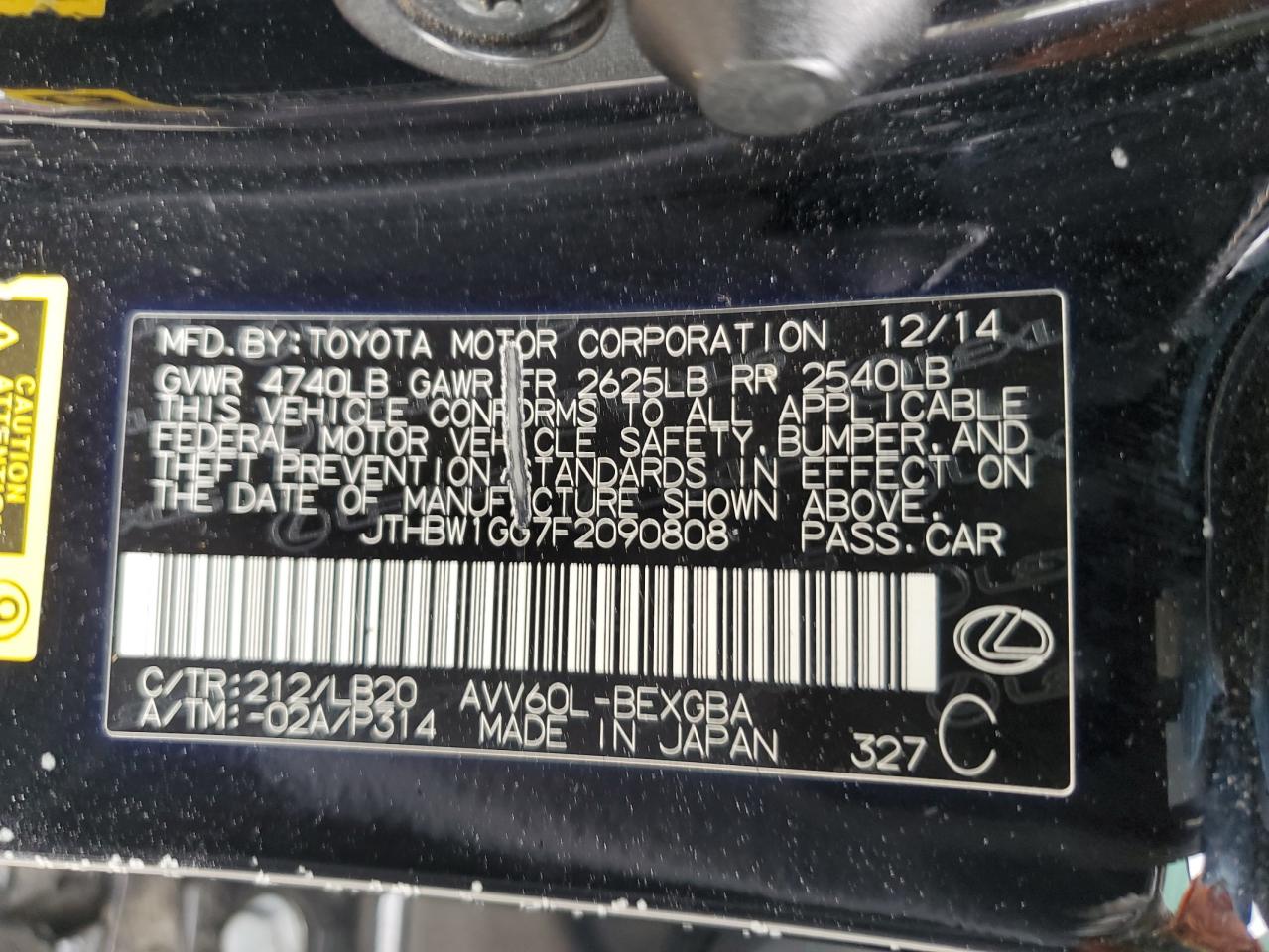 2015 Lexus Es 300H VIN: JTHBW1GG7F2090808 Lot: 64505594