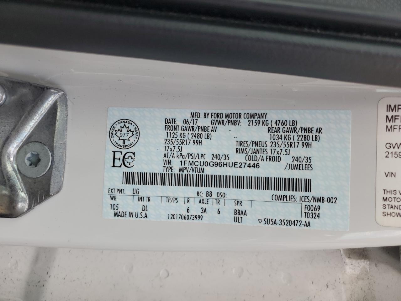 2017 Ford Escape Se VIN: 1FMCU0G96HUE27446 Lot: 63495144