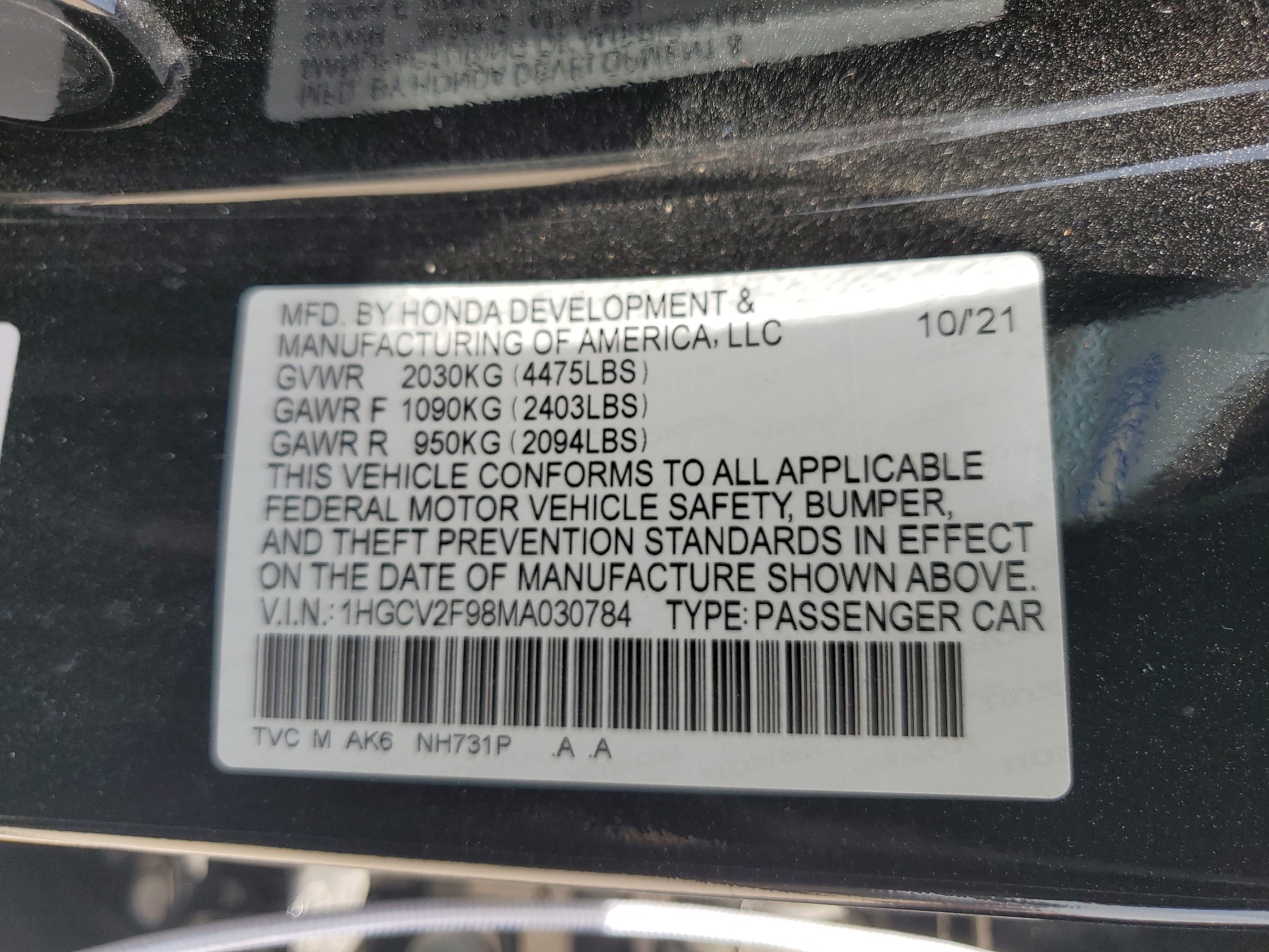1HGCV2F98MA030784 2021 Honda Accord Touring
