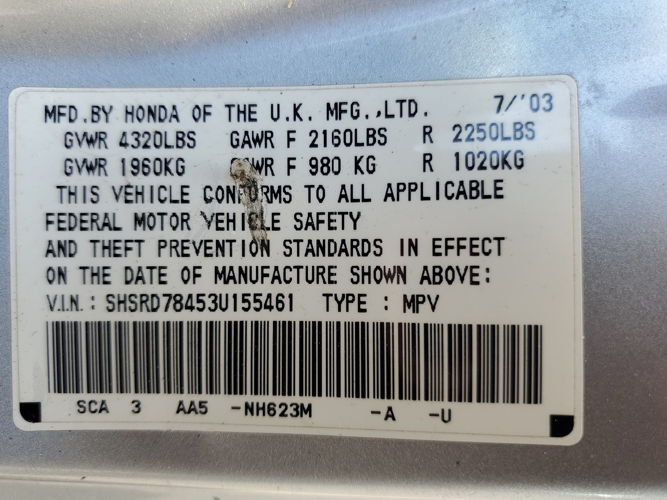 SHSRD78453U155461 2003 Honda Cr-V Lx