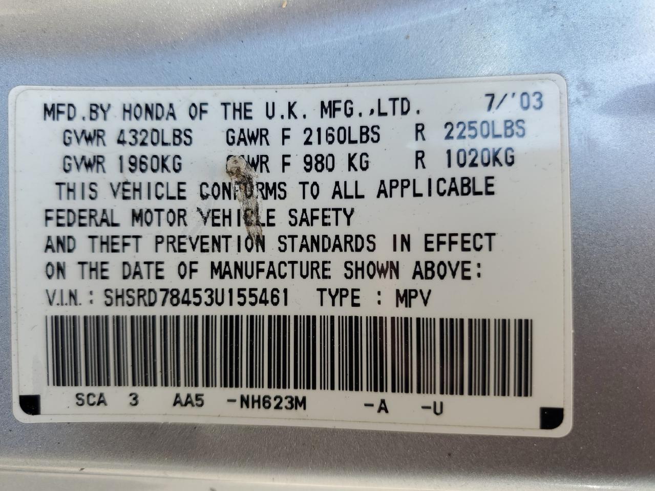 2003 Honda Cr-V Lx VIN: SHSRD78453U155461 Lot: 63669114