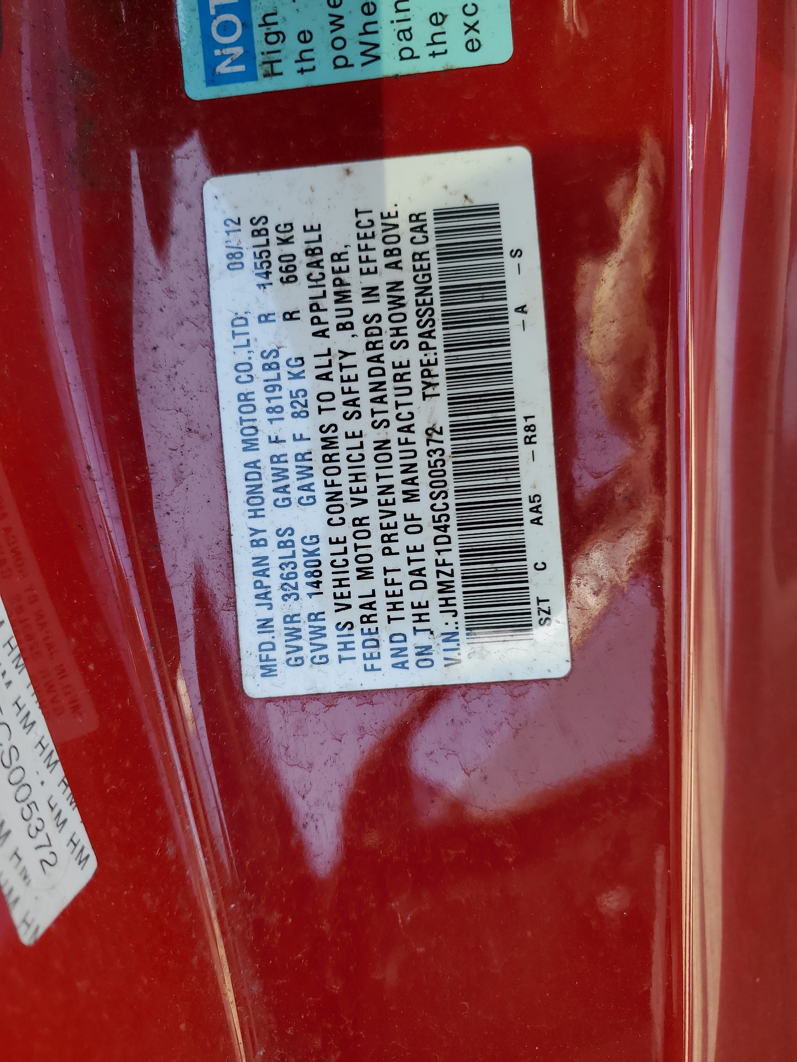 JHMZF1D45CS005372 2012 Honda Cr-Z