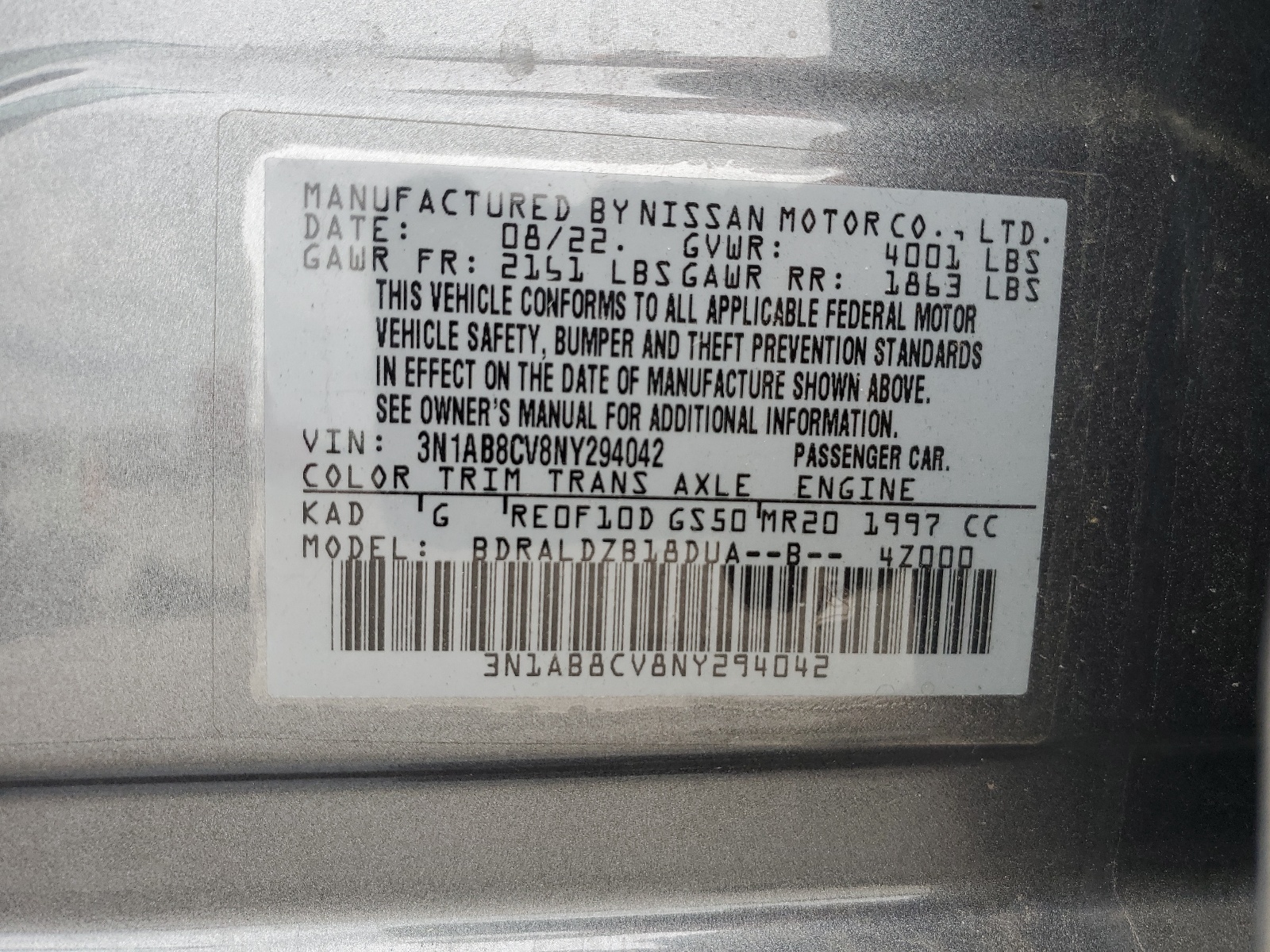 3N1AB8CV8NY294042 2022 Nissan Sentra Sv