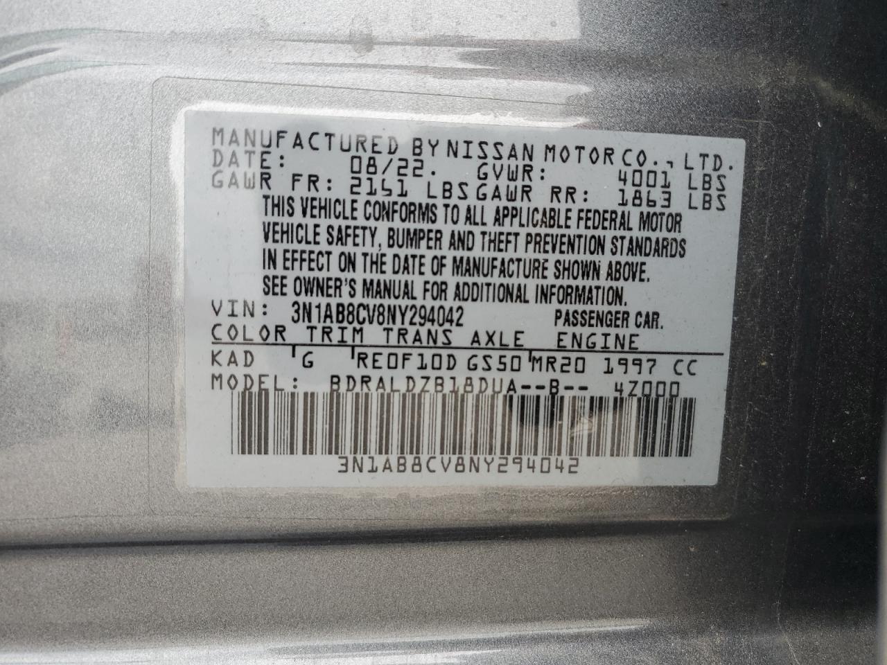 2022 Nissan Sentra Sv VIN: 3N1AB8CV8NY294042 Lot: 64467474