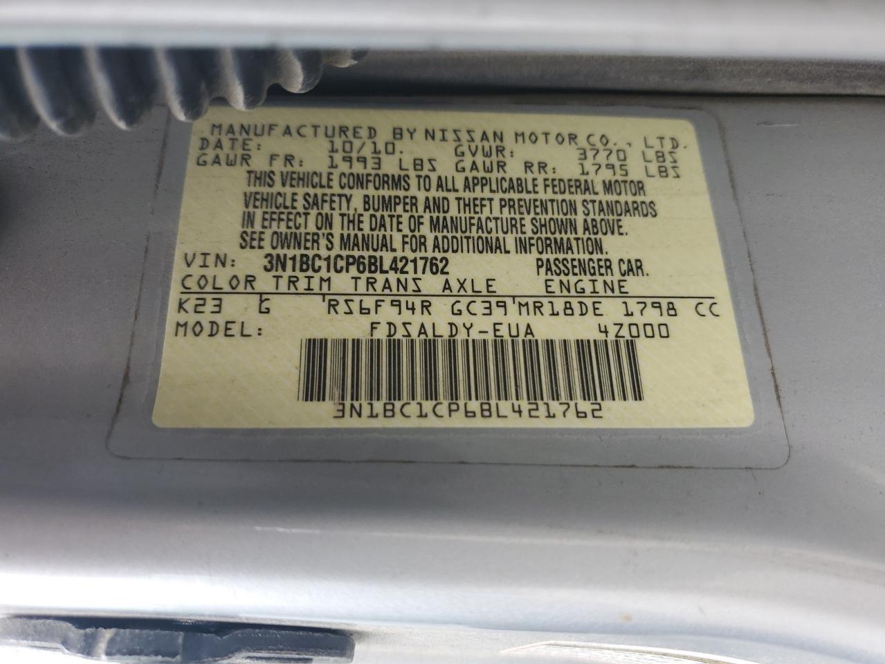 2011 Nissan Versa S VIN: 3N1BC1CP6BL421762 Lot: 63648864