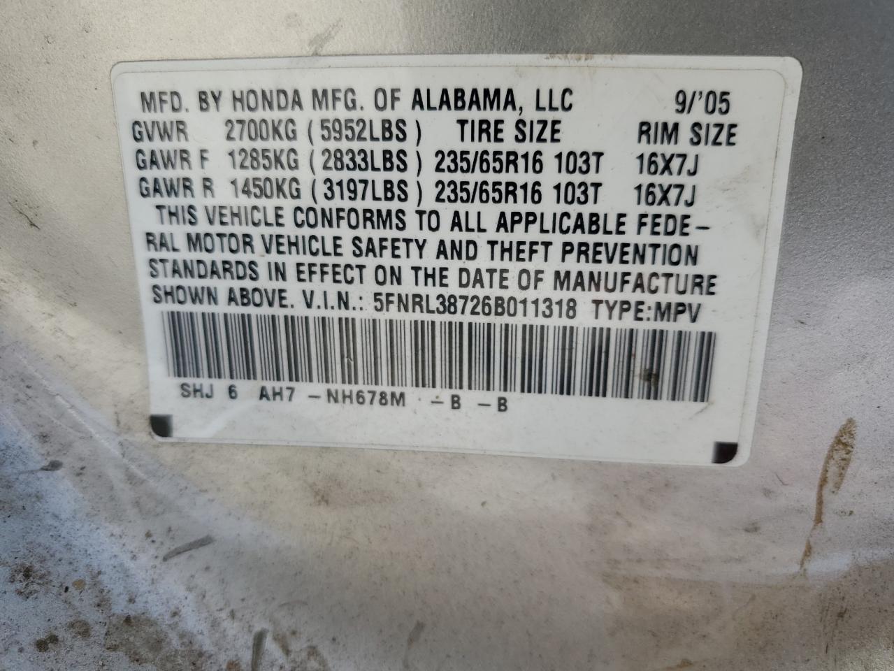 2006 Honda Odyssey Exl VIN: 5FNRL38726B011318 Lot: 65759154