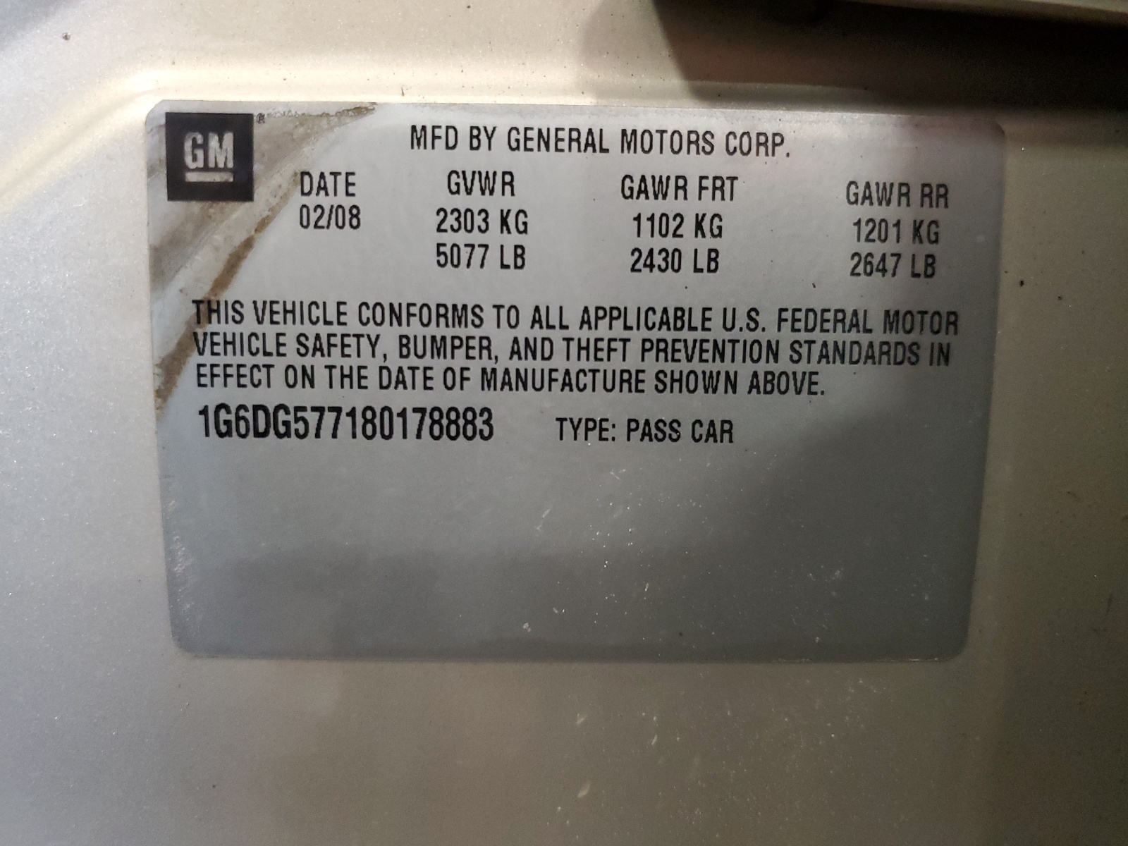 1G6DG577180178883 2008 Cadillac Cts