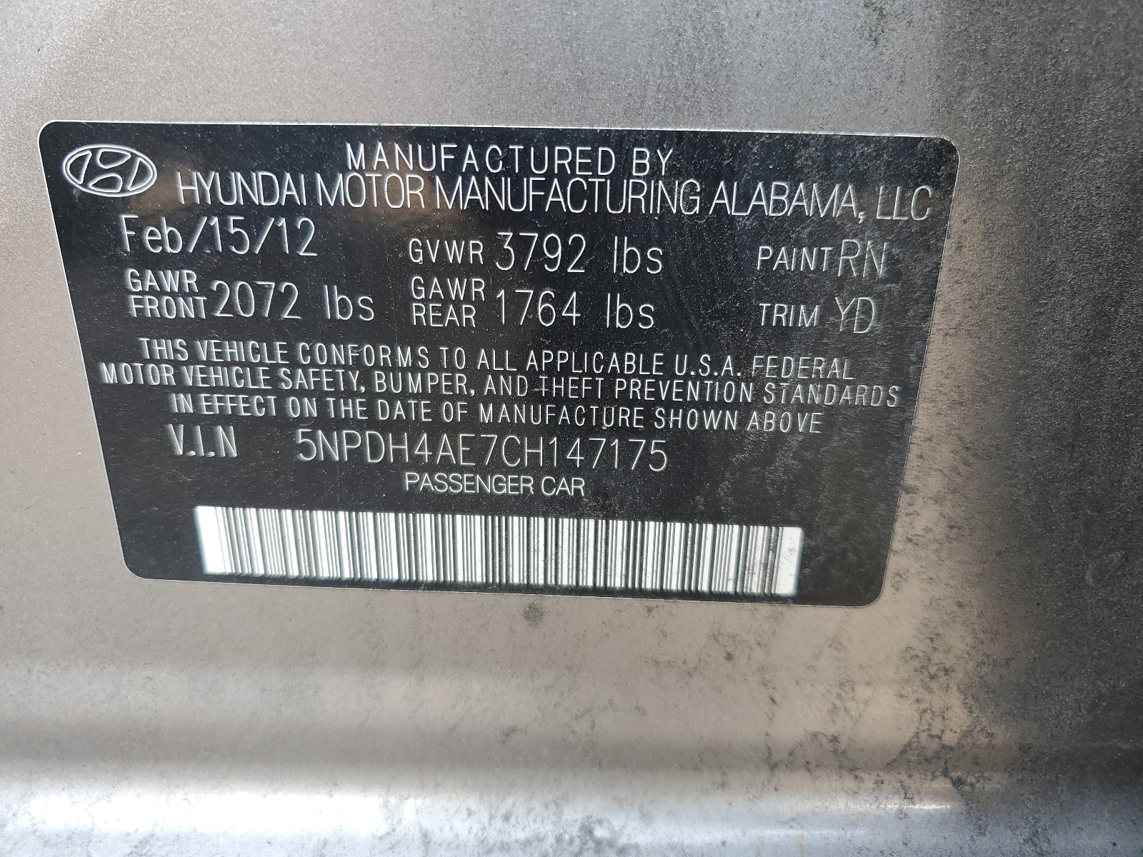 5NPDH4AE7CH147175 2012 Hyundai Elantra Gls