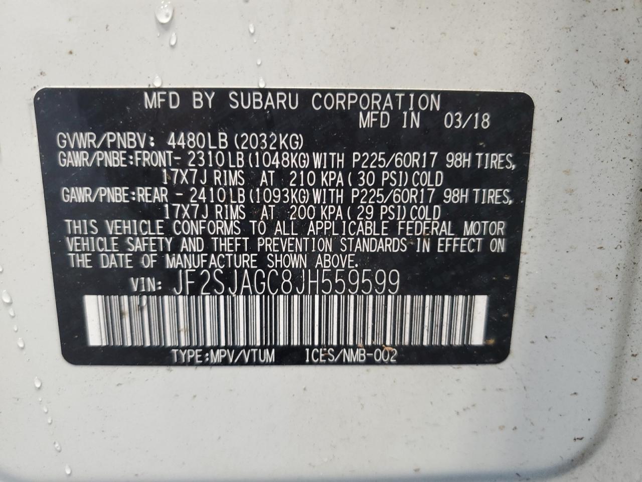 JF2SJAGC8JH559599 2018 Subaru Forester 2.5I Premium