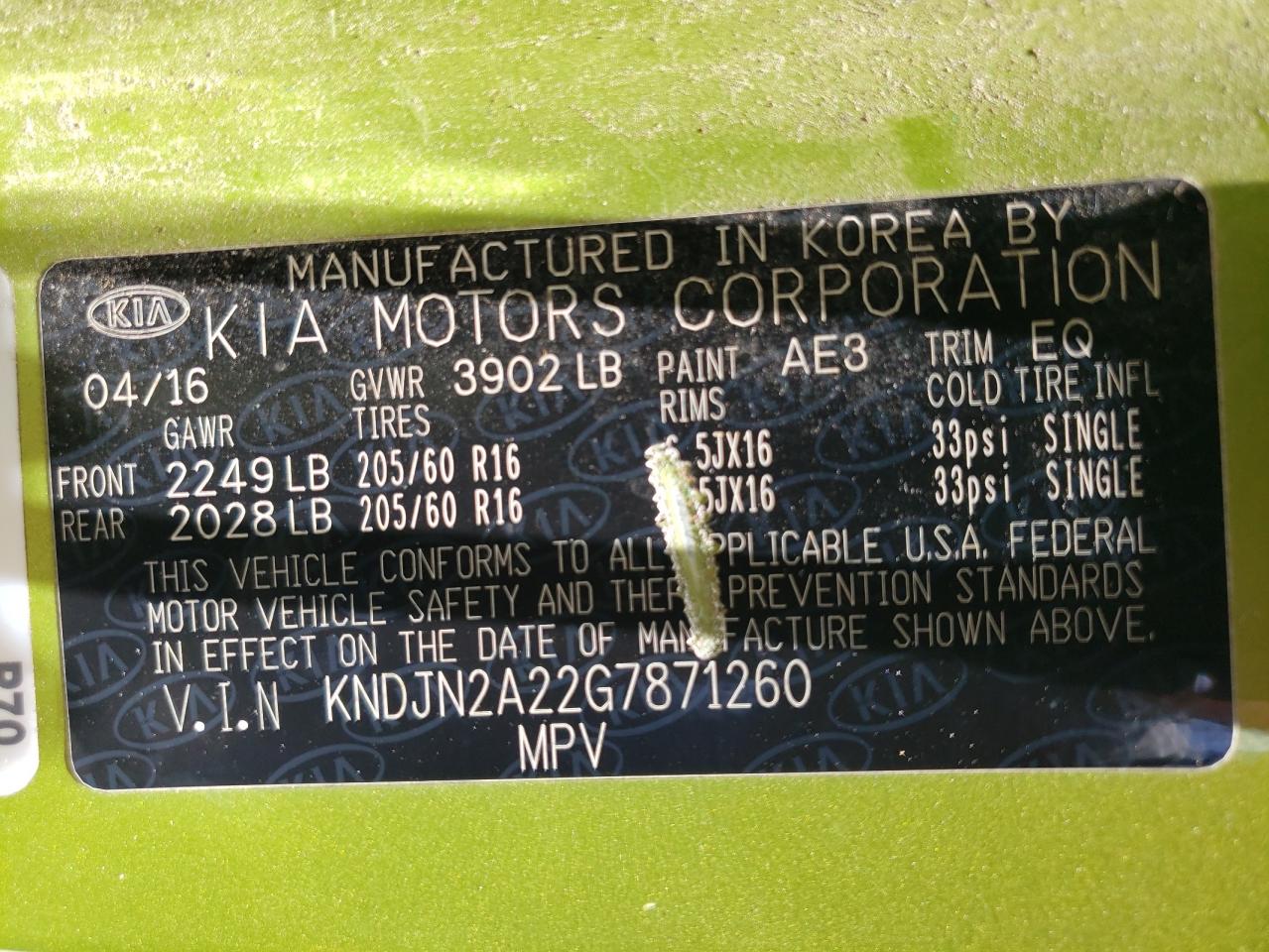 2016 Kia Soul VIN: KNDJN2A22G7871260 Lot: 61382284