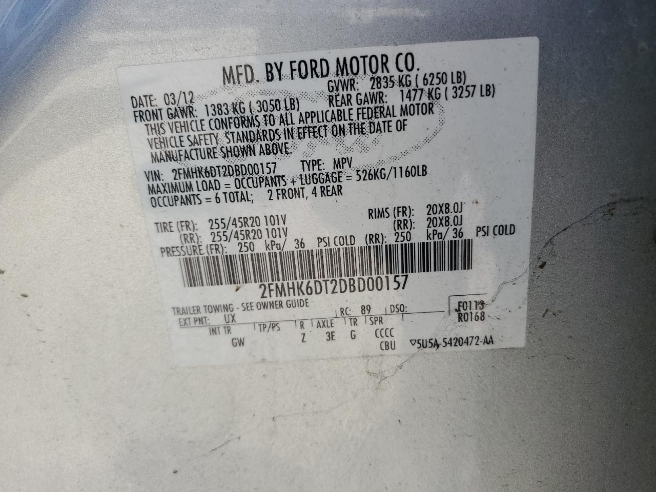 2013 Ford Flex Limited VIN: 2FMHK6DT2DBD00157 Lot: 63270104