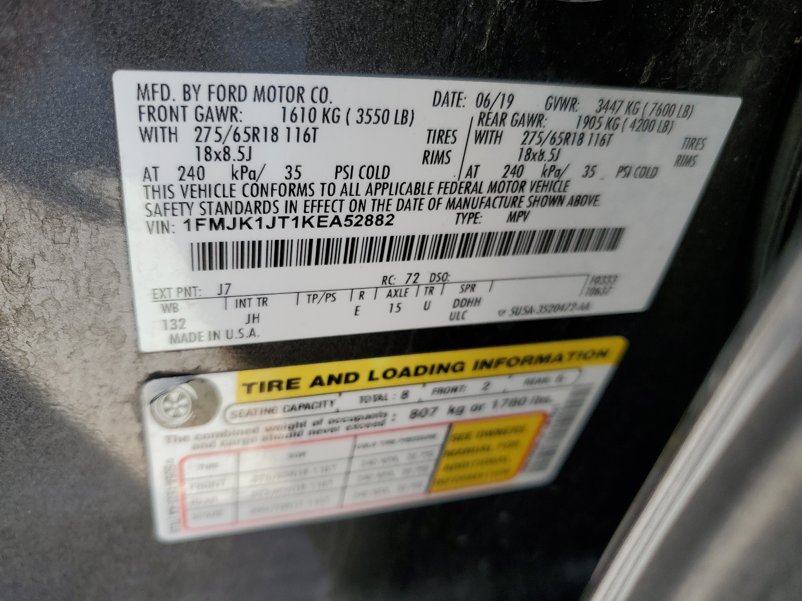 1FMJK1JT1KEA52882 2019 Ford Expedition Max Xlt