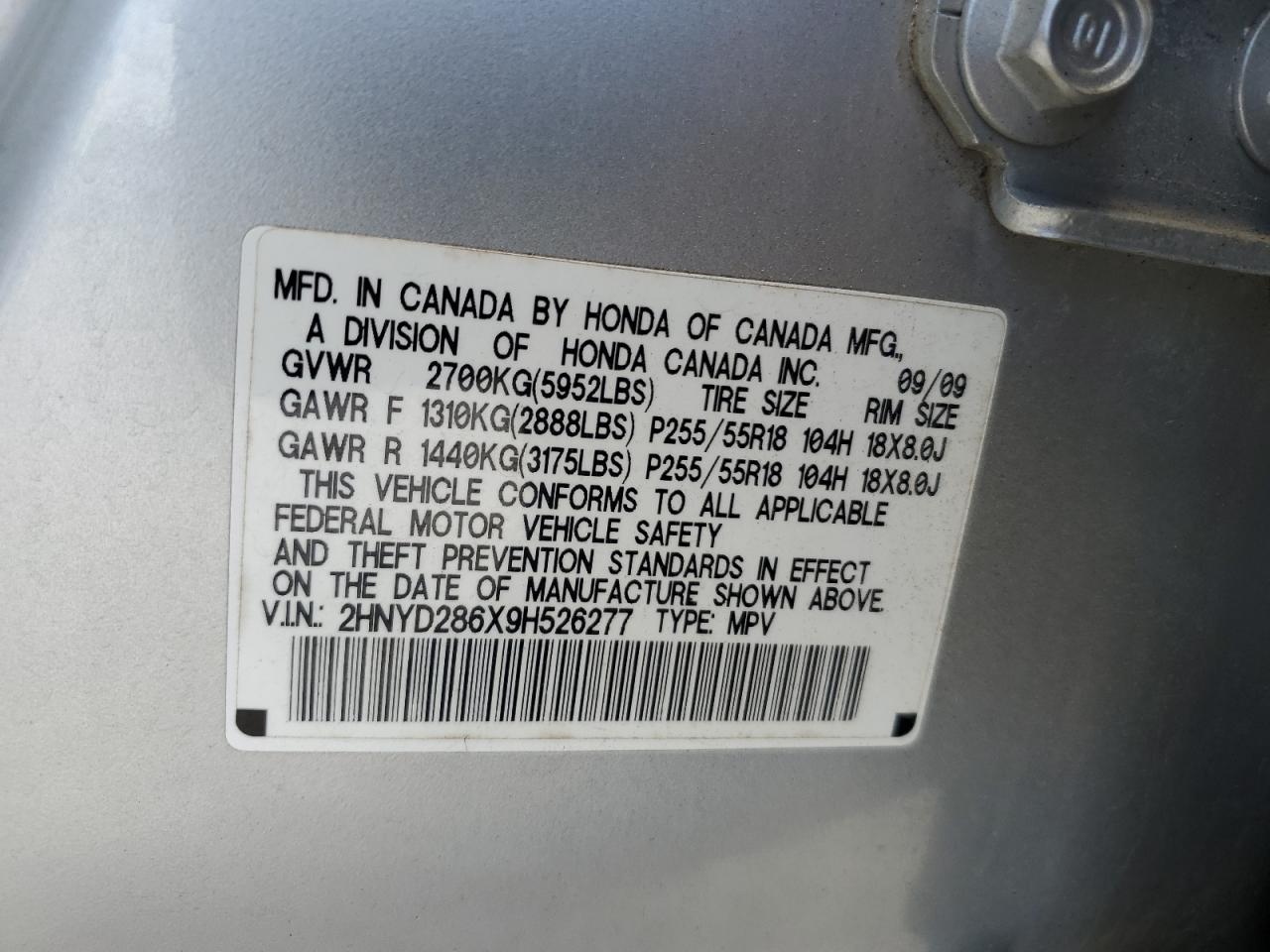 2009 Acura Mdx Technology VIN: 2HNYD286X9H526277 Lot: 62797394