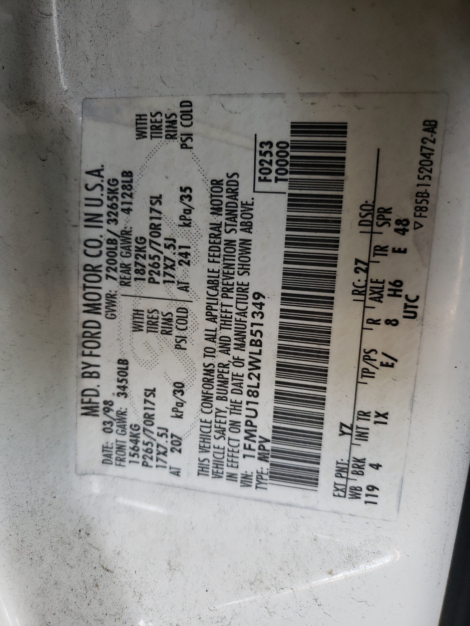 1FMPU18L2WLB51349 1998 Ford Expedition