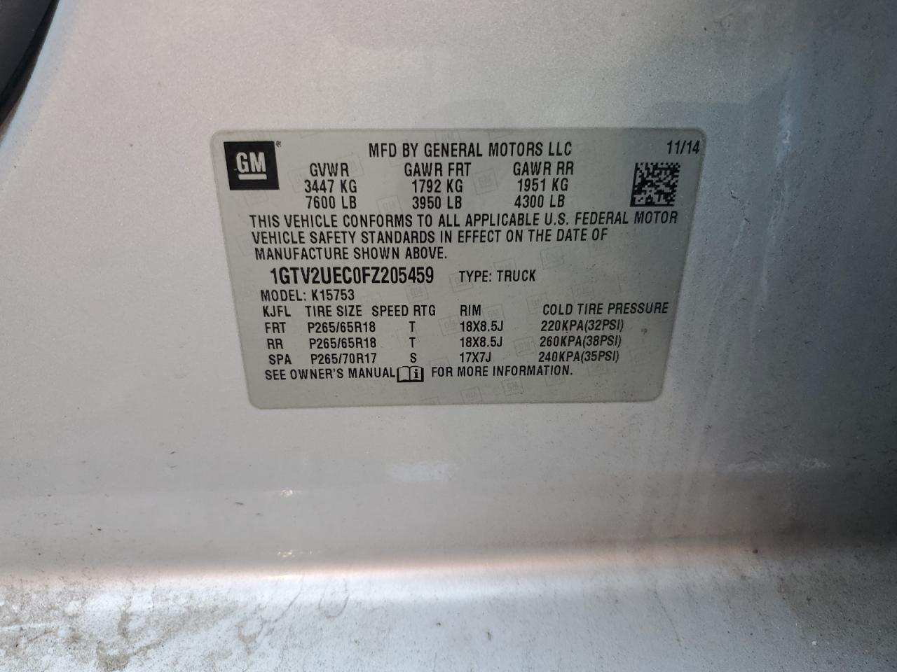 1GTV2UEC0FZ205459 2015 GMC Sierra K1500 Sle