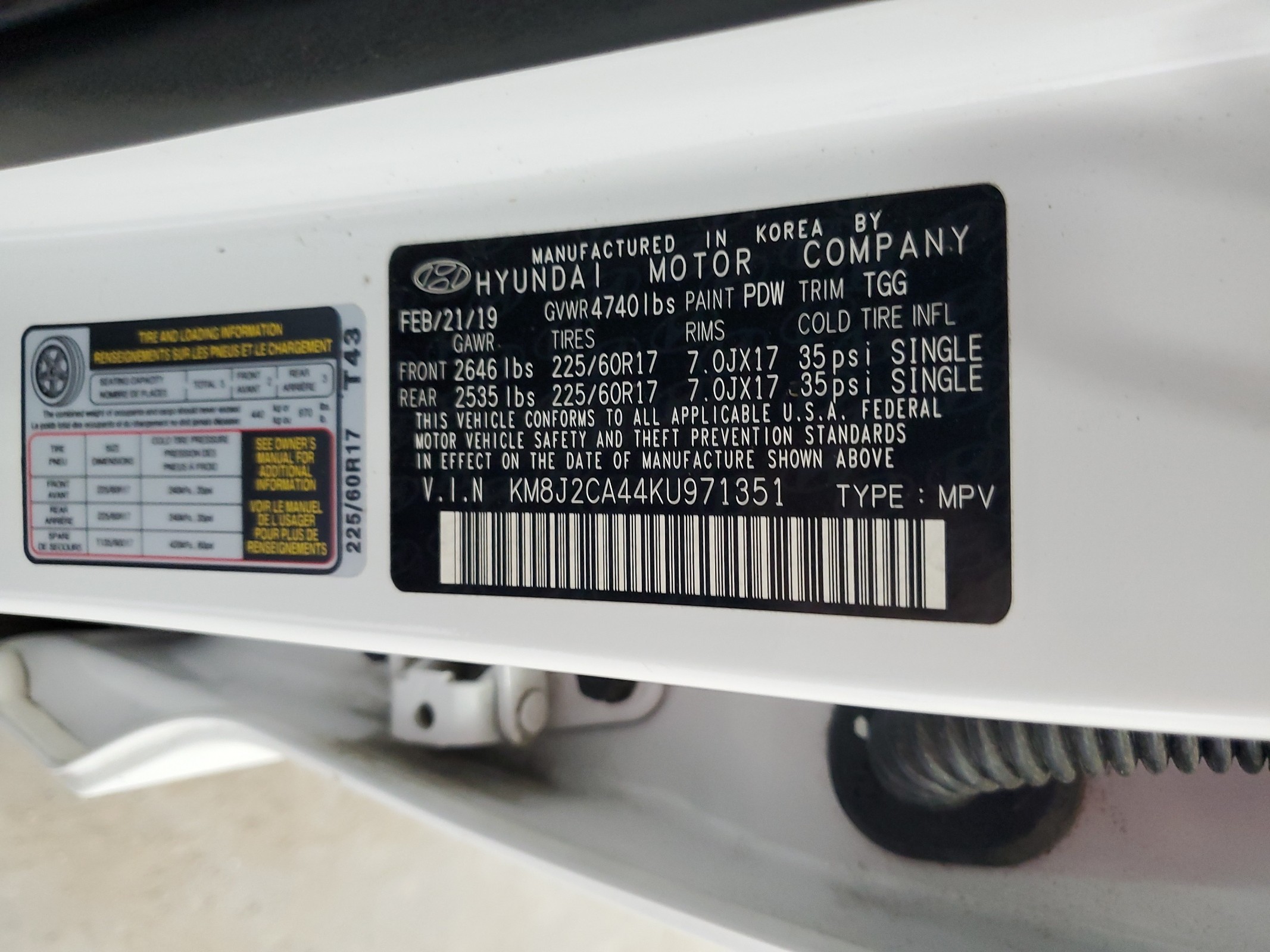 2019 Hyundai Tucson Se vin: KM8J2CA44KU971351