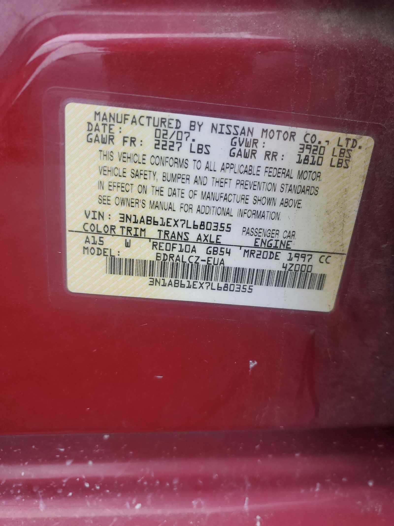 3N1AB61EX7L680355 2007 Nissan Sentra 2.0