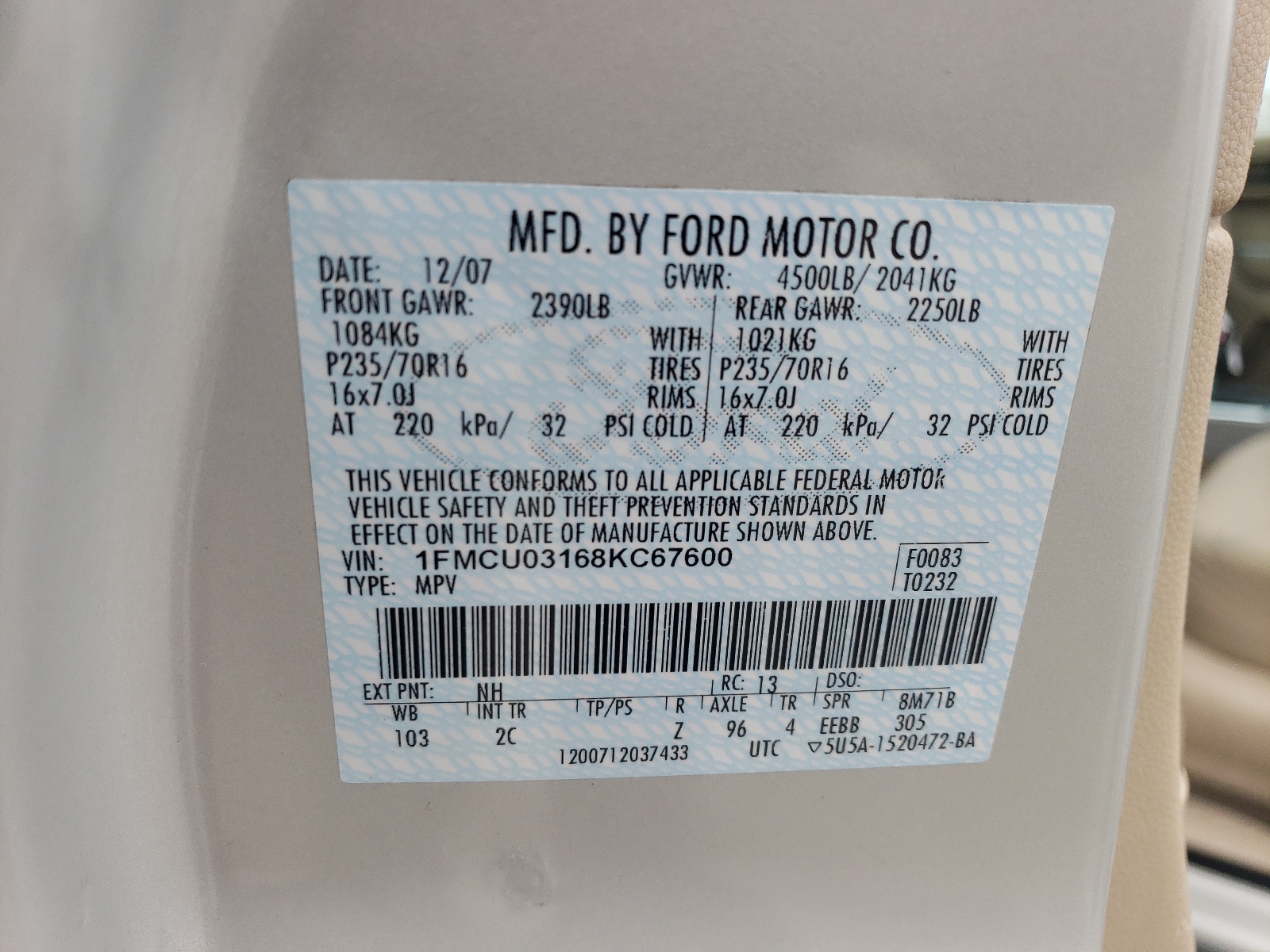 1FMCU03168KC67600 2008 Ford Escape Xlt