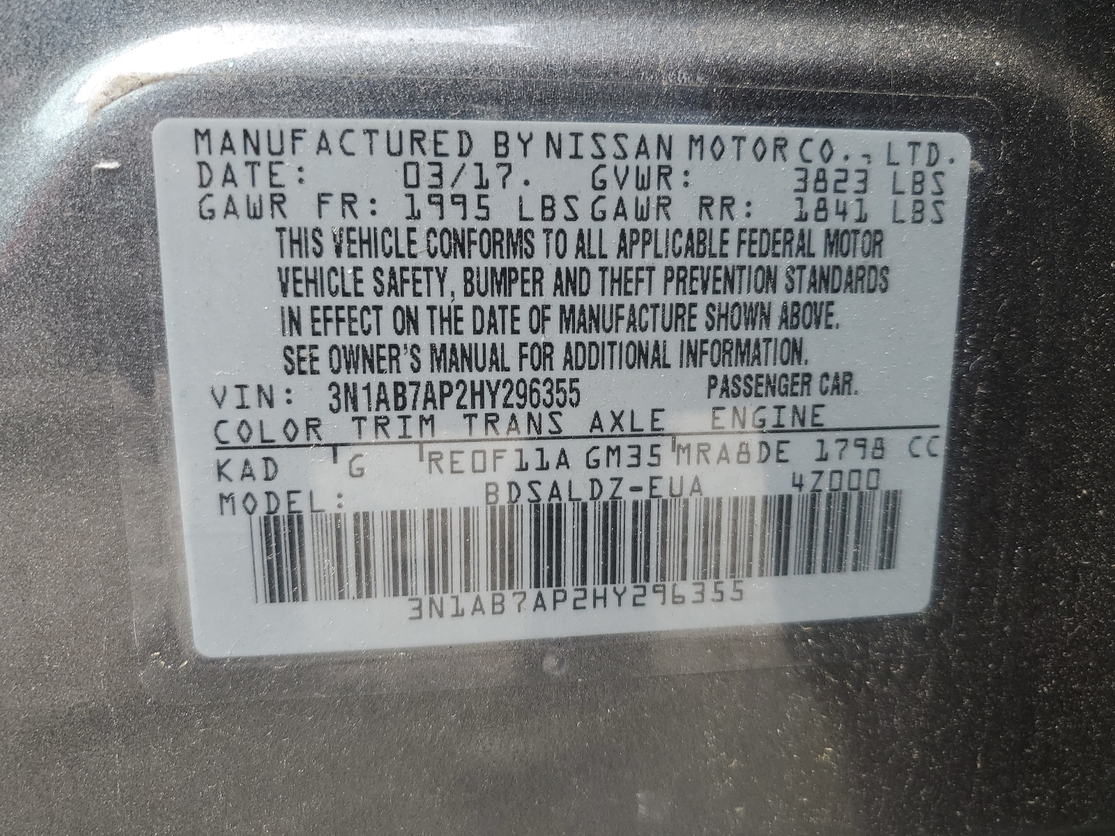 3N1AB7AP2HY296355 2017 Nissan Sentra S