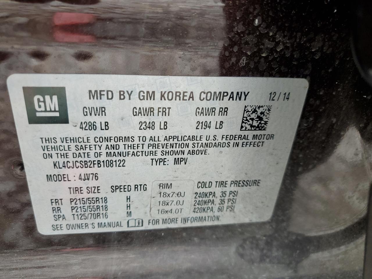 2015 BUICK ENCORE with FRONT END damage, VIN KL4CJCSB2FB108122