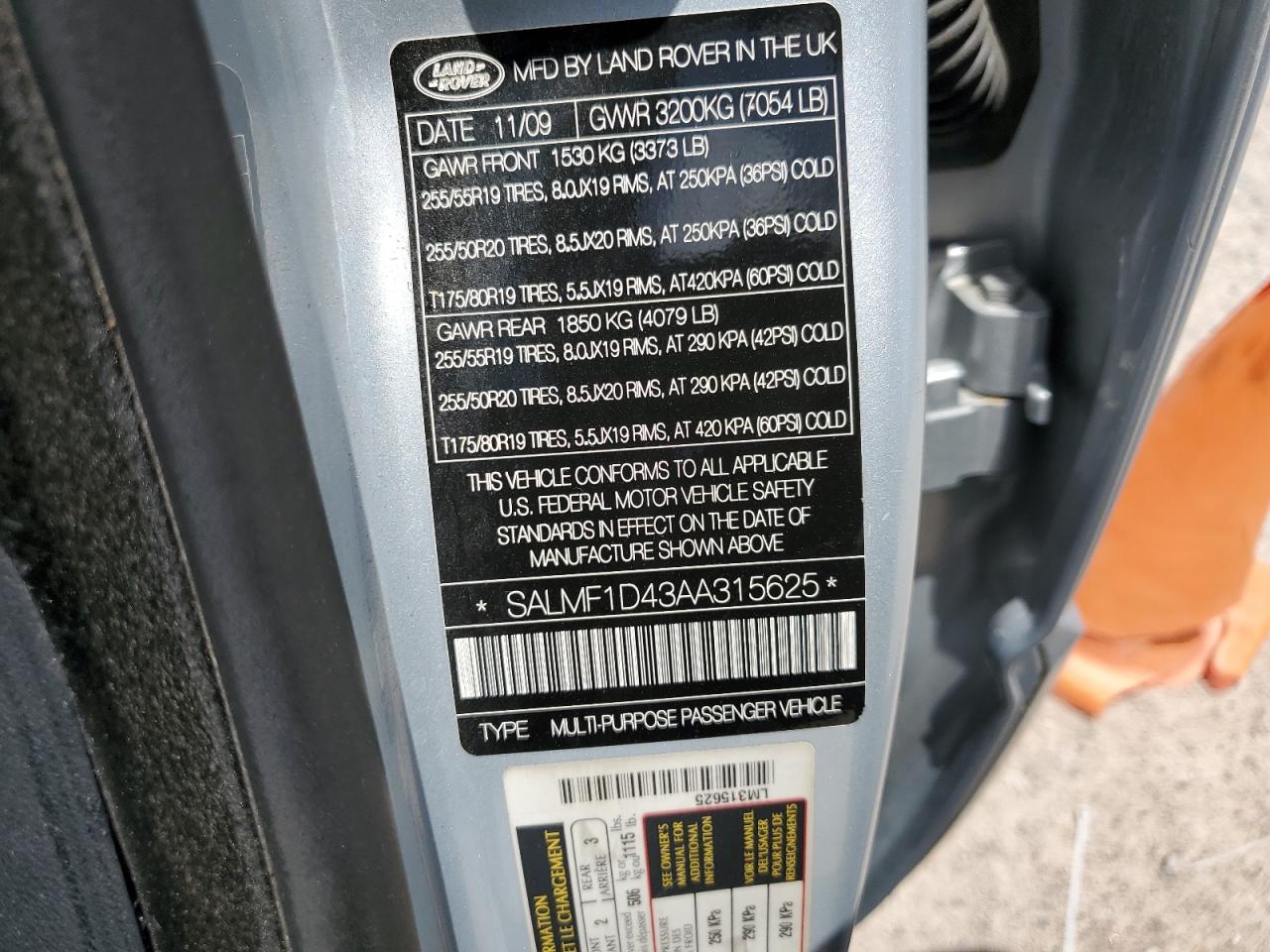 2010 Land Rover Range Rover Hse Luxury VIN: SALMF1D43AA315625 Lot: 60798284