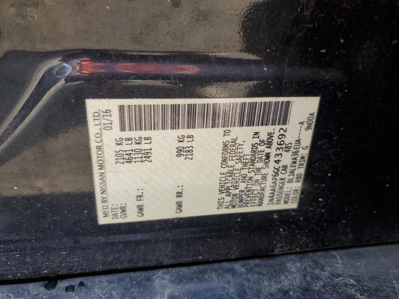 2016 Nissan Maxima 3.5S VIN: 1N4AA6AP6GC433692 Lot: 64548134