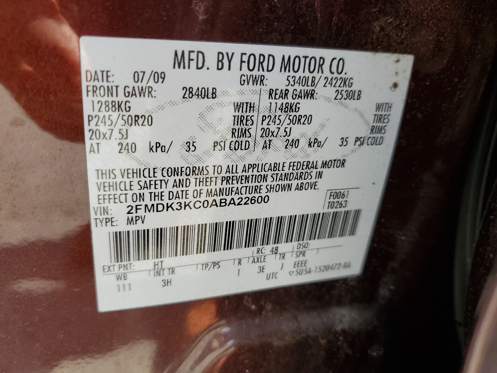 2FMDK3KC0ABA22600 2010 Ford Edge Limited