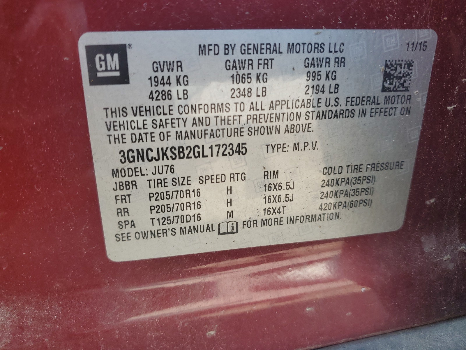 3GNCJKSB2GL172345 2016 Chevrolet Trax Ls