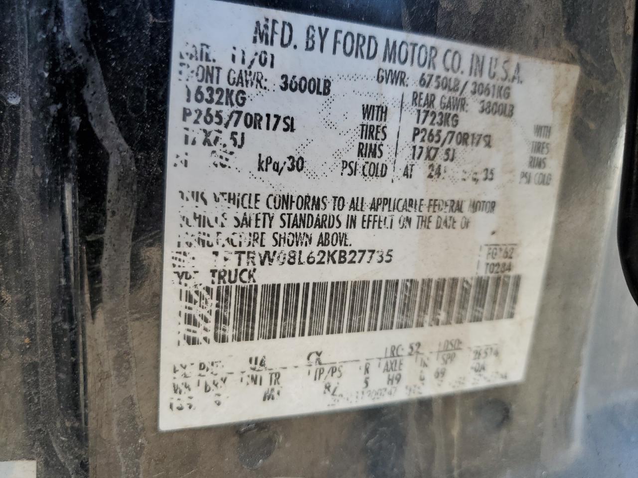 2002 Ford F150 Supercrew VIN: 1FTRW08L62KB27735 Lot: 61610534