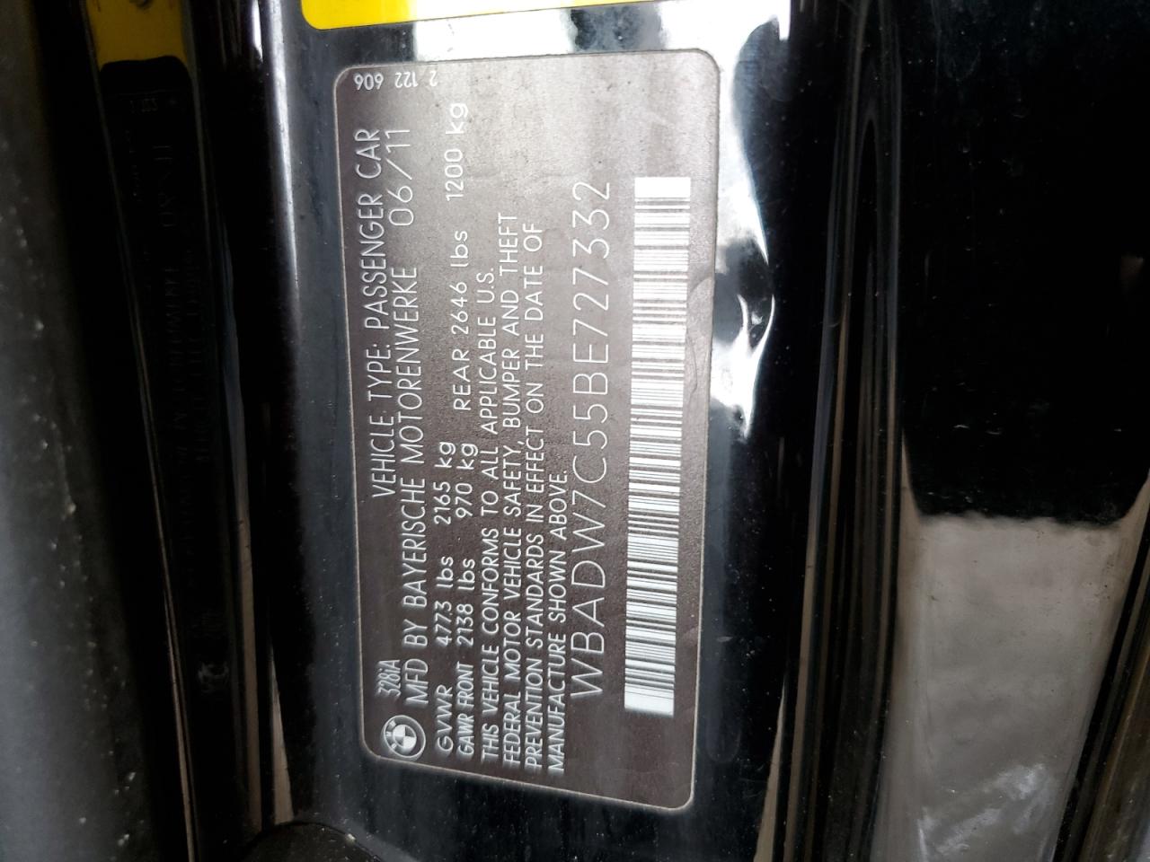 2011 BMW 328 I Sulev VIN: WBADW7C55BE727332 Lot: 63013214