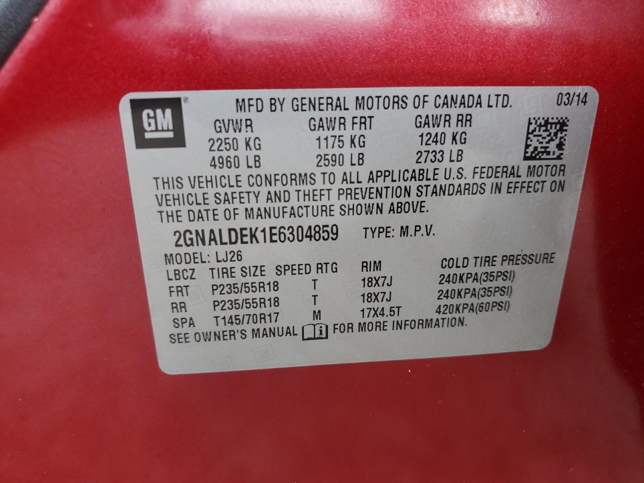 2014 Chevrolet Equinox Ltz VIN: 2GNALDEK1E6304859 Lot: 64095154