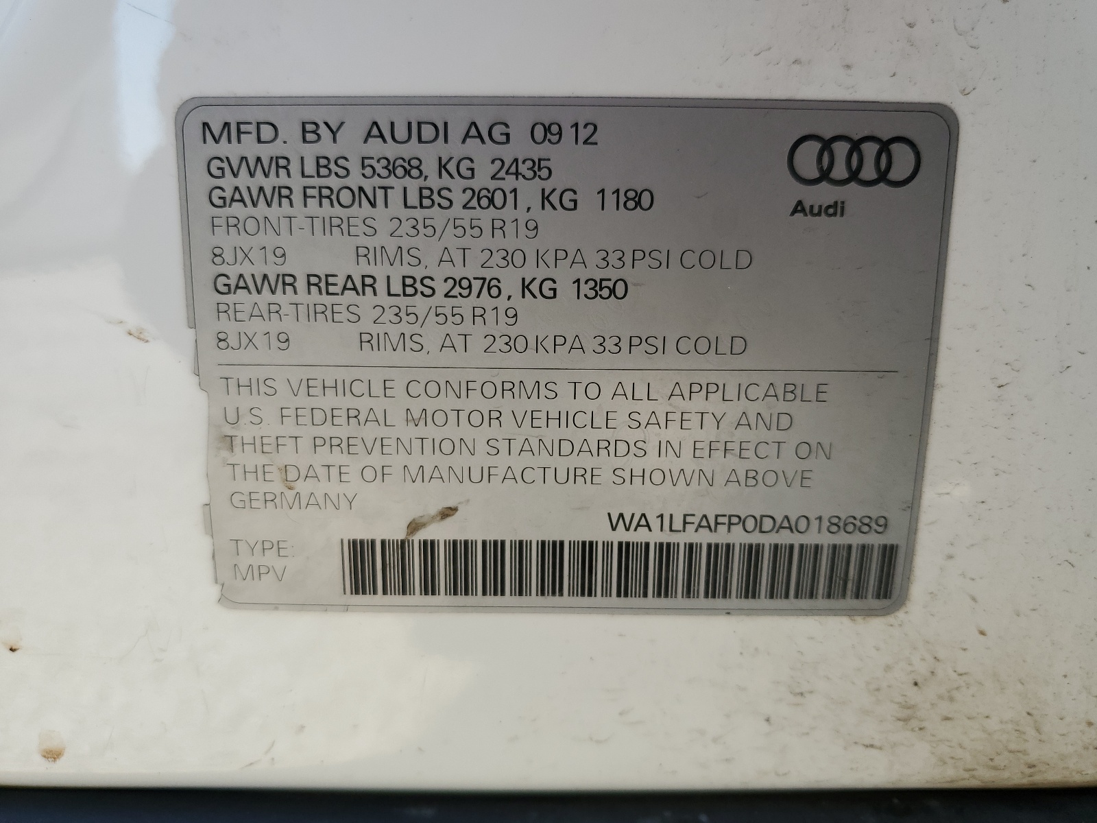 WA1LFAFP0DA018689 2013 Audi Q5 Premium Plus