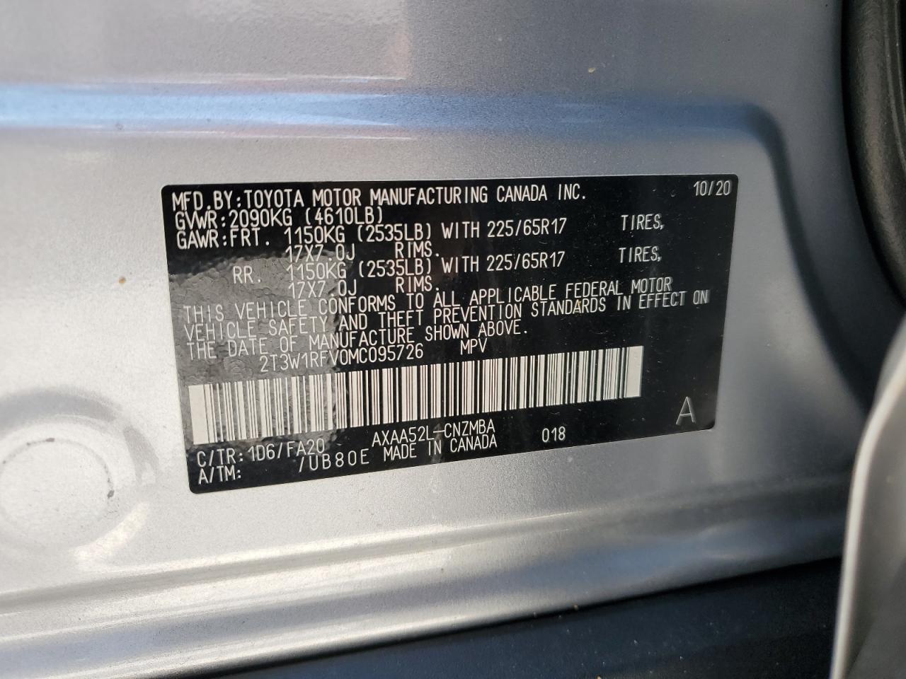 2021 Toyota Rav4 Xle VIN: 2T3W1RFV0MC095726 Lot: 62257354