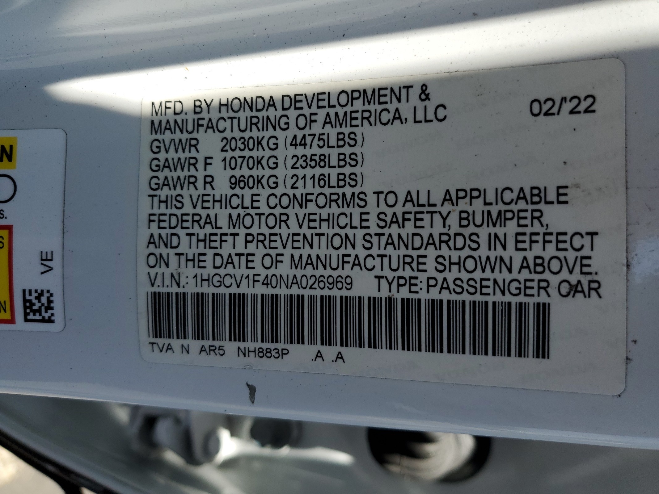 1HGCV1F40NA026969 2022 Honda Accord Sport Se