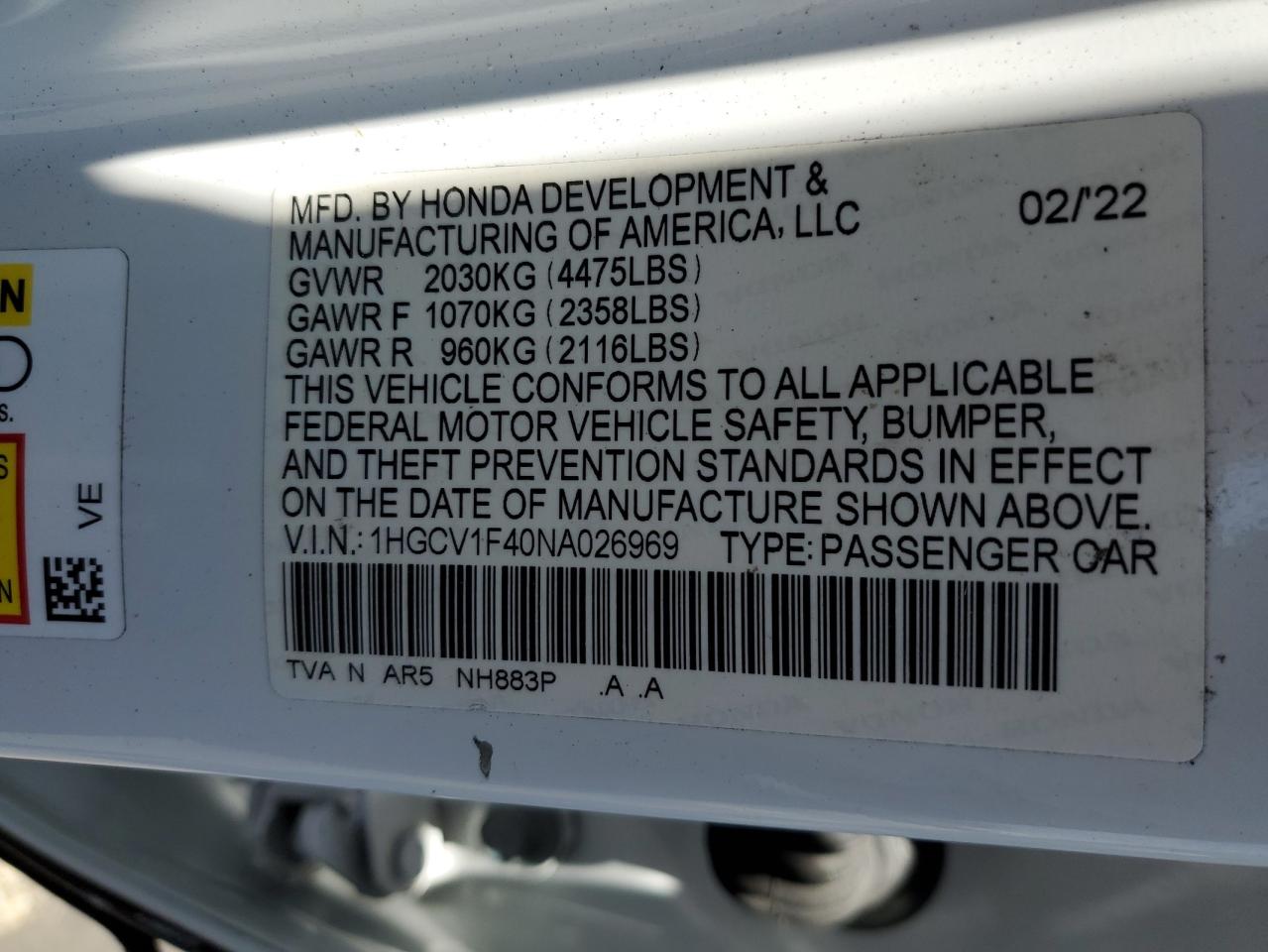 2022 Honda Accord Sport Se VIN: 1HGCV1F40NA026969 Lot: 62829994