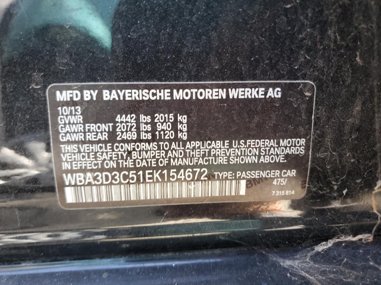 2014 BMW 328 D VIN: WBA3D3C51EK154672 Lot: 65153644