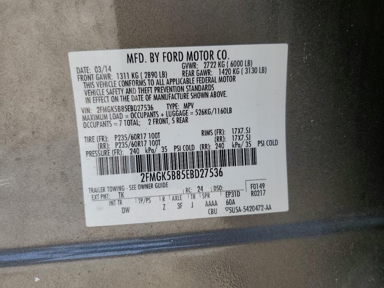 2014 Ford Flex Se VIN: 2FMGK5B85EBD27536 Lot: 64989894