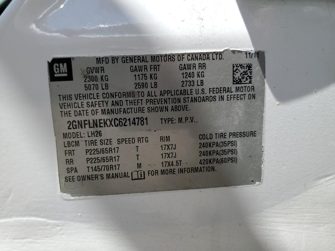 2012 Chevrolet Equinox Lt VIN: 2GNFLNEKXC6214781 Lot: 61923814