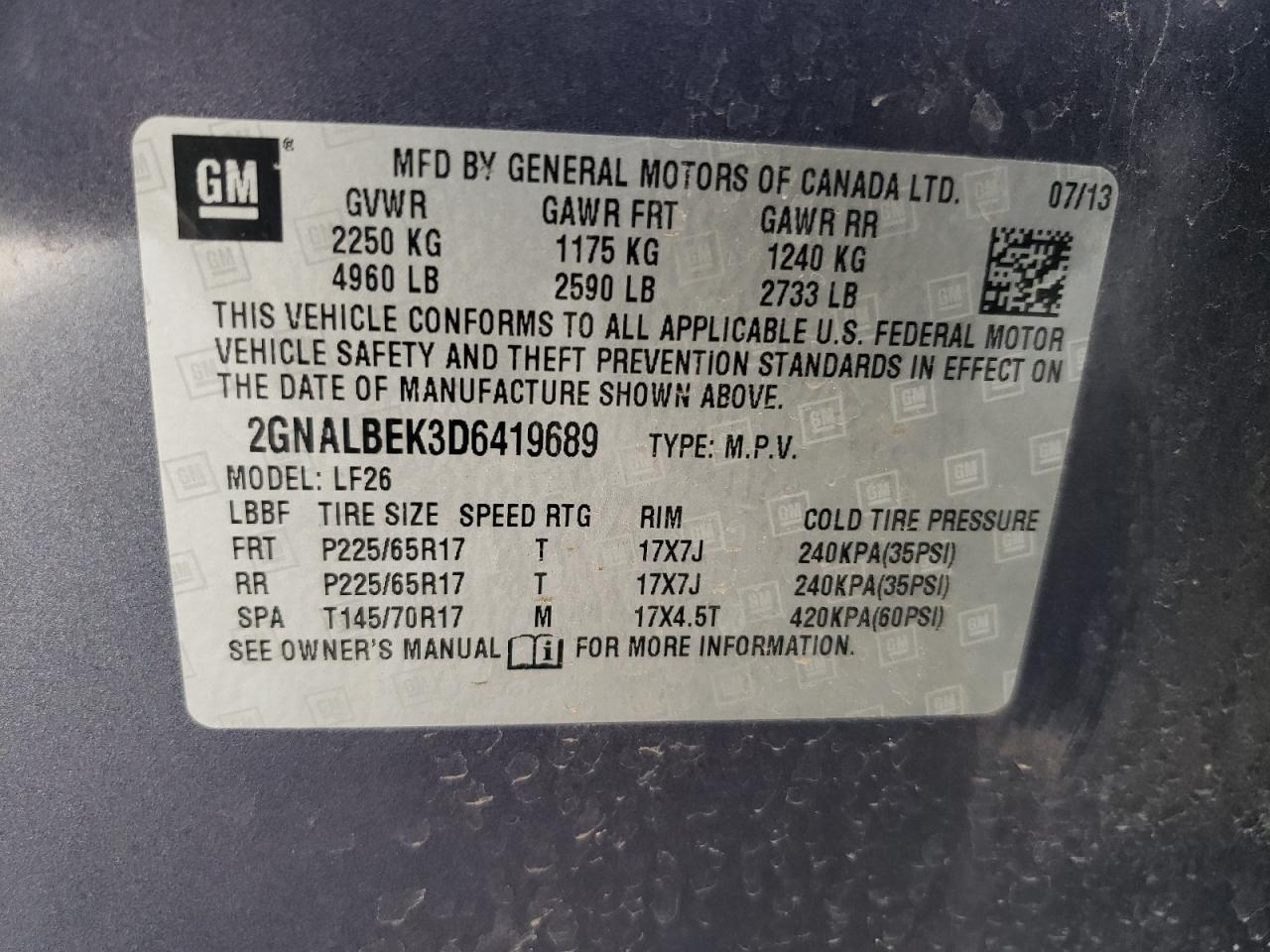 2013 Chevrolet Equinox Ls VIN: 2GNALBEK3D6419689 Lot: 68637235