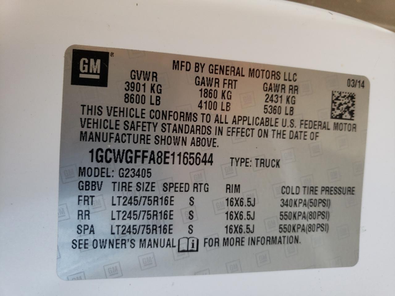 2014 Chevrolet Express G2500 VIN: 1GCWGFFA8E1165644 Lot: 59683174