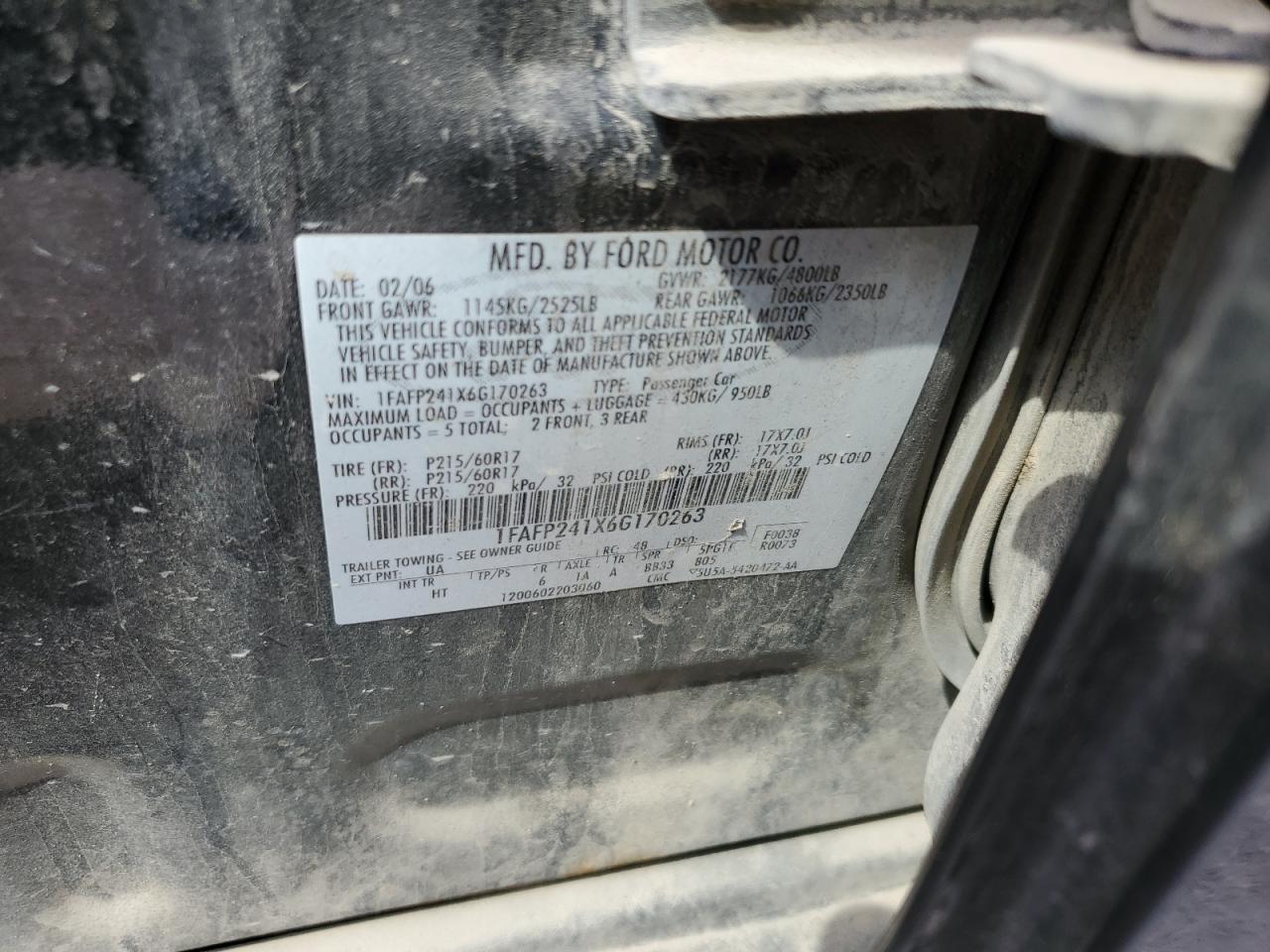 2006 Ford Five Hundred Sel VIN: 1FAFP241X6G170263 Lot: 62431524