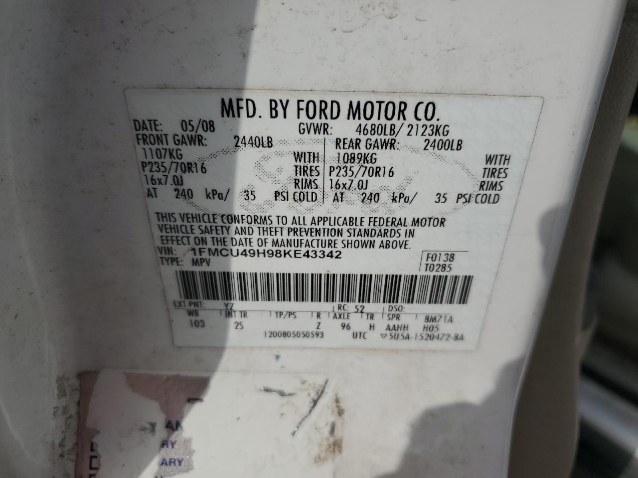 2008 Ford Escape Hev VIN: 1FMCU49H98KE43342 Lot: 61606384