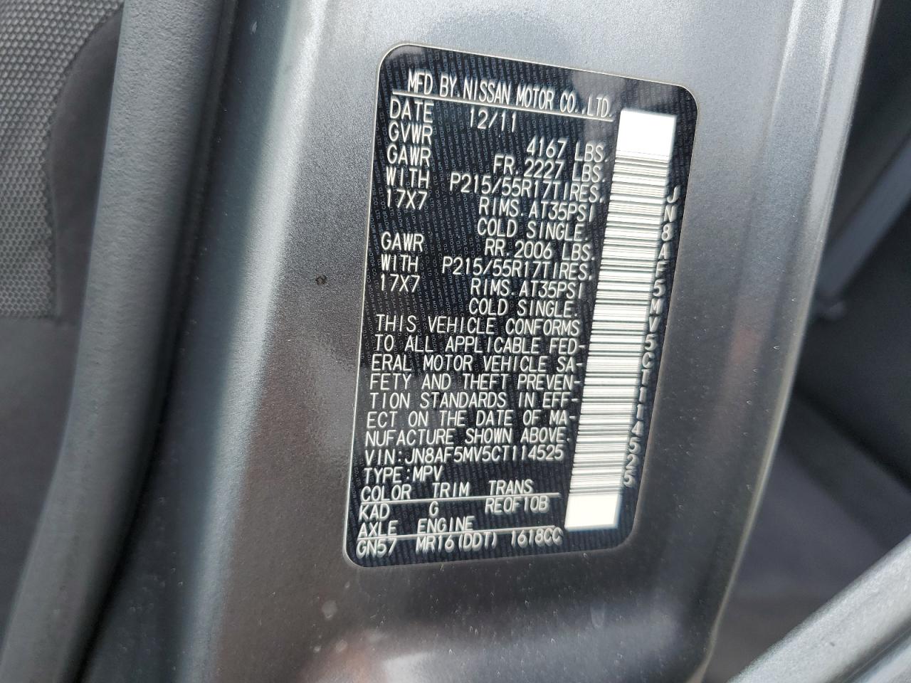 2012 Nissan Juke S VIN: JN8AF5MV5CT114525 Lot: 62853934